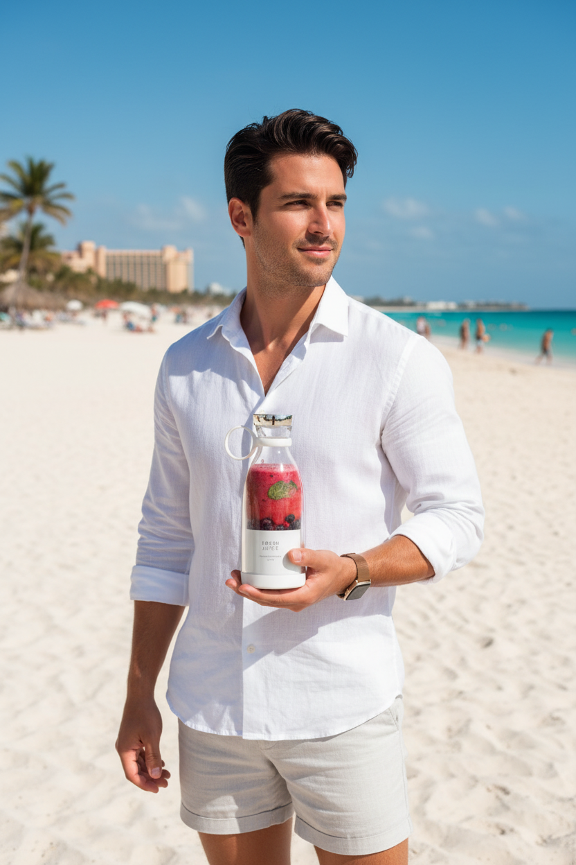 Homme tenant le mixeur portable Fresh Juice à la plage